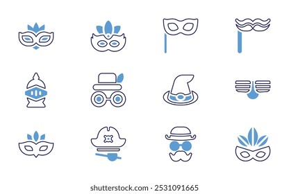 Costume party icon set. Bold line style. Duotone colors. Editable stroke. mask, carnival mask, eye mask, moustache, jester, pirate hat, jester hat, bow tie.