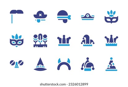 Costume party icon set. Duotone color. Vector illustration. Containing mustaches, pirate, pirate patch, eye mask, feather, joker hat, joker, costume, witch hat, devil, birthday. 