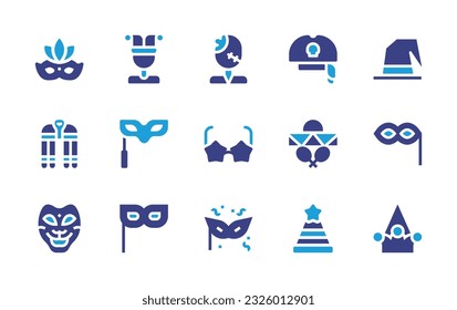 Juego de iconos de fiesta de disfraces. Color de duotona. Ilustración vectorial. Con máscara de fiesta, bufón, zombi, sombrero pirata, sombrero de bruja, cleopatra, máscara, gafas estrella, mexicano, máscara de carnaval, sombrero de fiesta. 