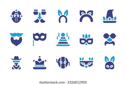 Costume party icon set. Duotone color. Vector illustration. Containing killer mask, costume, headband, cat mask, leprechaun, beard, carnival, fun hat, party, cowboy, joker hat, moretta, mask