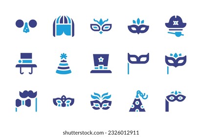 Costume party icon set. Duotone color. Vector illustration. Containing glasses, wig, mask, pirate hat, hat, party hat, eye mask, costume, carnival mask, party mask. 