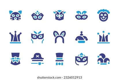 Costume party icon set. Duotone color. Vector illustration. Containing costume, carnival mask, mask, clown mask, joker hat, rabbit, hat, clown hat, leprechaun, jester hat. 