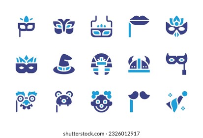 Costume party icon set. Duotone color. Vector illustration. Containing carnival mask, mask, kiss, masquerade, witch hat, pharaoh, viking, eye mask, disguise, costume, party hat. 