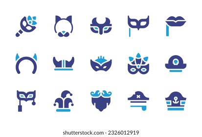 Costume party icon set. Duotone color. Vector illustration. Containing mask, cat mask, eye mask, costume, devil, viking helmet, carnival mask, pirate hat, masquerade, joker hat, mustache. 