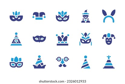 Costume party icon set. Duotone color. Vector illustration. Containing mask, hat, eye mask, witch, costume, party hat, minstrel, carnival, carnival mask, party glasses. 