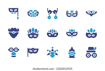Costume party icon set. Duotone color. Vector illustration. Containing mask, carnival mask, glasses, beard, eye mask, carnival, knight, costume. 