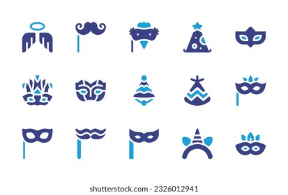 Costume party icon set. Duotone color. Vector illustration. Containing angel, mustache, disguise, hat, mask, carnival mask, party hat, masquerade, eye mask, moustache, headband. 