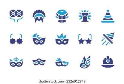 Costume party icon set. Duotone color. Vector illustration. Containing glasses, headdress, dress, carnival, birthday, star glasses, carnival mask, party mask, party glasses, party hat, eye mask.