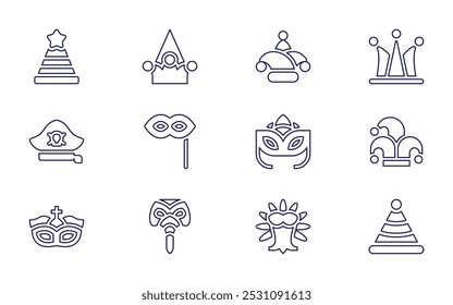 Costume party icon set. Line style. Editable stroke. party hat, party glasses, unicorn, bear, pirate hat, eye mask, carnival mask.