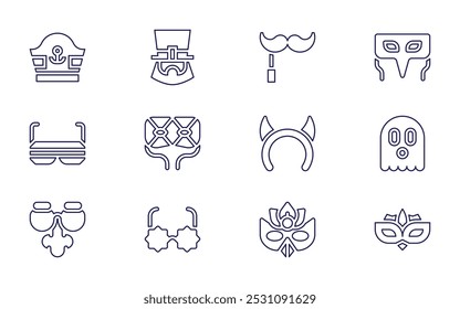 Costume party icon set. Line style. Editable stroke. joker hat, pirate hat, leprechaun, devil, joker, glasses, headband, cat mask, nose, star glasses.