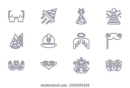 Costume party icon set. Line style. Editable stroke. hat, party hat, helmet, witch, gangster, clown, party glasses, firefighter helmet, carnival mask.