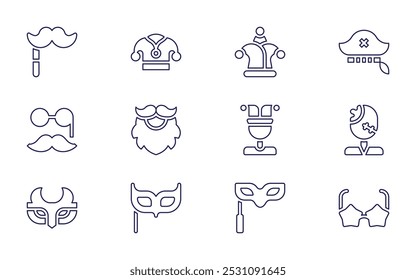 Costume party icon set. Line style. Editable stroke. costume, party mask, mask, eye mask, moustache, jester, carnival, santa claus.