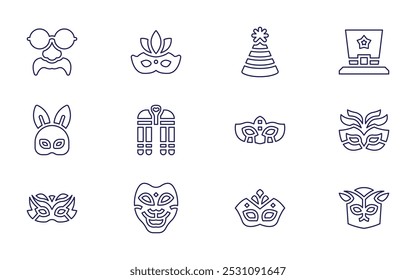 Costume party icon set. Line style. Editable stroke. costume, party mask, rabbit mask, cleopatra, carnival mask, pirate hat, joker hat.