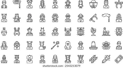 Iconos de fiesta de disfraces Colección de iconos vectoriales de alta calidad con trazo editable. Ideal para Profesional y Proyectos Creativos.