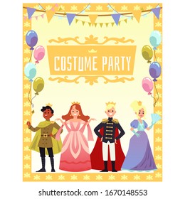 Invitación de fiesta de disfraces o plantilla de banner con personajes de caricatura en fabulosos trajes de carnaval, ilustración vectorial plana en el fondo con globos.