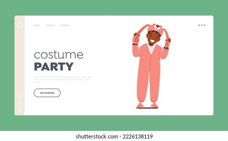 Costume Party Landing Page Template. Kid Character Wear Pink Rabbit Suit and Hat with Ears, Little Boy Performing on School Party or Kindergarten Matinee. Cartoon People Vector Illustration