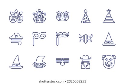 Costume party line icon set. Editable stroke. Vector illustration. Containing carnival mask, hat, party hat, pirate hat, eye mask, moustache, helmet, witch, witch hat, carnival, costume, gangster.
