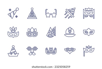 Costume party line icon set. Editable stroke. Vector illustration. Containing party hat, party glasses, carnival mask, eye mask, firefighter helmet, mask, masquerade.