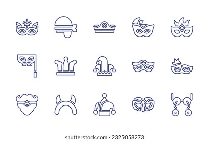 Costume party line icon set. Editable stroke. Vector illustration. Containing eye mask, pirate patch, pirate, carnival mask, party mask, mask, joker hat, beard, devil, joker, glasses.