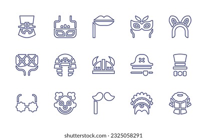 Costume party line icon set. Editable stroke. Vector illustration. Containing leprechaun, mask, kiss, carnival mask, rabbit, glasses, pharaoh, viking, costume, star glasses, headdress, dress.