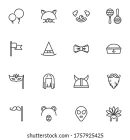 Costume party line icons set, outline vector symbol collection, linear style pictogram pack. Signs, logo illustration. Set includes icons as wig, mystery mask, alien, clown, balloons, beard, mustache