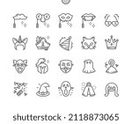 Costume party. Witch hat, scream mask, bad clown, pirate hat. Halloween celebration. Pixel Perfect Vector Thin Line Icons. Simple Minimal Pictogram