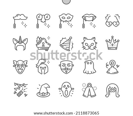 Costume party. Witch hat, scream mask, bad clown, pirate hat. Halloween celebration. Pixel Perfect Vector Thin Line Icons. Simple Minimal Pictogram