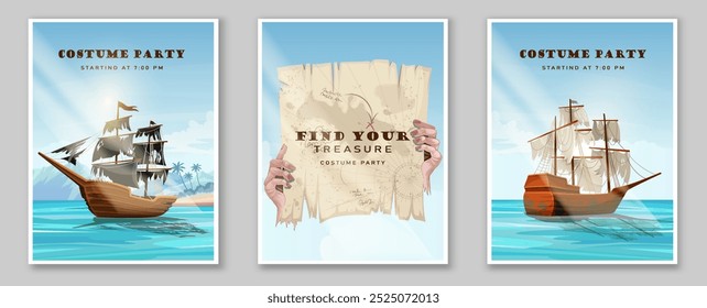 Costume pirate party posters set. Wooden ship and boat with sail. Sea or ocean. Invitation postcard template. Treasure hunting. Flat vector collection isolated on grey background