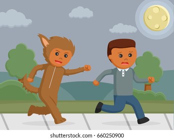 costume player chasing african man
