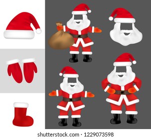 Costume Santa Claus beard and mustaches photo props. Set Christmas mask and mittens, boot. Vector illustration.