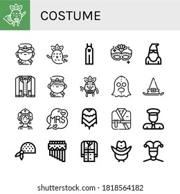 costume simple icons set. Contains such icons as Superhero, Captain, Ghost, Overall, Carnival mask, Executioner, Suit, Wrestler, Witch hat, can be used for web, mobile and logo