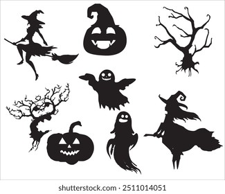 costume vector Halloween silhouette,Broomstick, tree,Broom ,pumpkin,llustration, set, black, design, holiday, skittish, creepy, monster, element, isolated, pumpkin, background, evil, fear, art, 