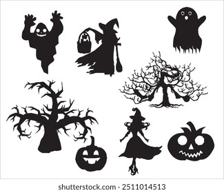 costume vector Halloween silhouette,Broomstick, tree,Broom ,pumpkin,llustration, set, black, design, holiday, skittish, creepy, monster, element, isolated, pumpkin, background, evil, fear, art, 