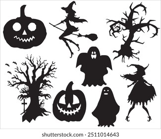 costume vector Halloween silhouette,Broomstick, tree,Broom ,pumpkin,llustration, set, black, design, holiday, skittish, creepy, monster, element, isolated, pumpkin, background, evil, fear, art, 