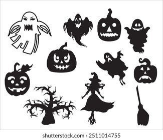 costume vector Halloween silhouette,Broomstick, tree,Broom ,pumpkin,llustration, set, black, design, holiday, skittish, creepy, monster, element, isolated, pumpkin, background, evil, fear, art, 