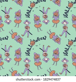 Costumed boy and girl on green backdrop. Halloween seamless pattern for wallpaper, wrap paper, sleeper, bath tile, apparel or bed linen Phone case or cloth print Doodle style stock vector illustration