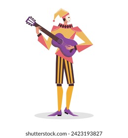 A costumed character in Venetian carnival. Cheerful harlequin with a guitar. A dramatic actor in a theater or circus. Flat vector illustration.