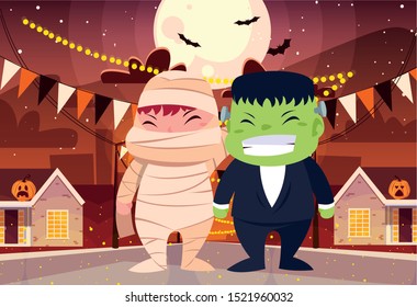 costumed children design, Halloween holiday horror scary celebration autumn dark and party theme Vector illustration