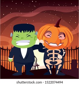 costumed children design, Halloween holiday horror scary celebration autumn dark and party theme Vector illustration