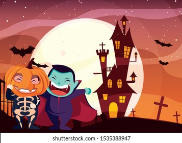 costumed children design, Halloween holiday horror scary celebration autumn dark and party theme Vector illustration