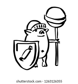 costumed funny vector knight pigglet with candy and shield