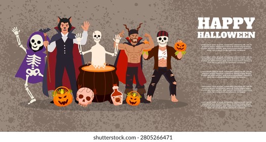 Costumed group including vampire ghost and executioner celebrate halloween