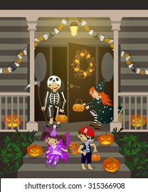 Costumed kids dressed up for trIck or treat, stand at the stairs. Halloween decorated front door and porch with pumpkins and wreath. Vector illustration.