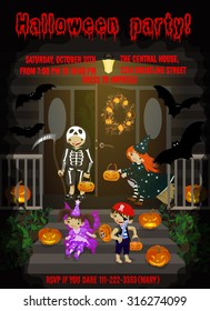 Costumed kids dressed up for trIck or treat, stand at the stairs. Halloween decorated front door and porch with pumpkins and wreath. Vector illustration.