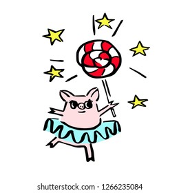 costumed pig with magic candy for avatar, stickers and logo