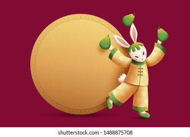 Costumed rabbit juggling pomelos with golden color round copy space for mid autumn festival