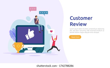 Costumer review rating concept. people character giving feedback evaluation. satisfaction level and critic support with smartphone for web landing page, social, poster, ad, promotion or print media