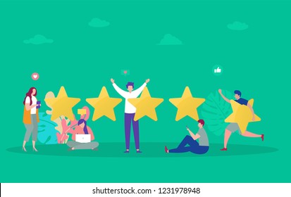 Costumer review rating vector illustration concept, people give review rating and feedback with smartphone , can use for, landing page, template, ui, web, mobile app, poster, banner, flyer, background