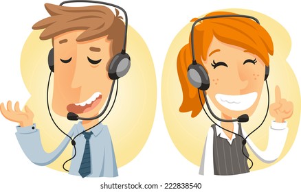 Costumer Service Call Center Operator On Duty, With Both Man And Woman Customer Service Vector Illustration.