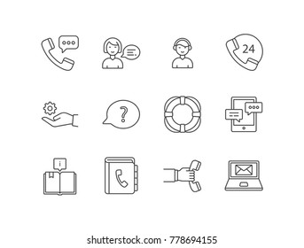 Costumer support service line icons set with call center, assistant, operator, technical support, question, life buoy ring, chat, directory book, callback.